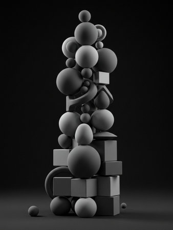A grayscale image of an abstract sculpture composed of various geometric shapes, including spheres,...