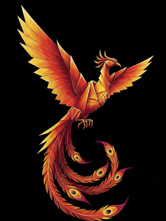 A stunning illustration of a phoenix in origami style, with vibrant orange and yellow hues, set against a stark black background.の写真素材