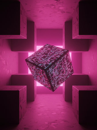 A detailed image of a cube in a pink room with an architectural design. The cube has a unique texture, and the room has a symmetrical layout.の写真素材