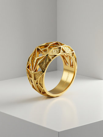 A stunning gold ring with a complex geometric pattern, showcasing detailed craftsmanship and a modern aesthetic.の写真素材