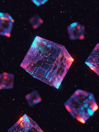 An artistic rendering of several translucent cubes floating in space, with vibrant colors and intricate details, creating a futuristic and abstract visual.の写真素材