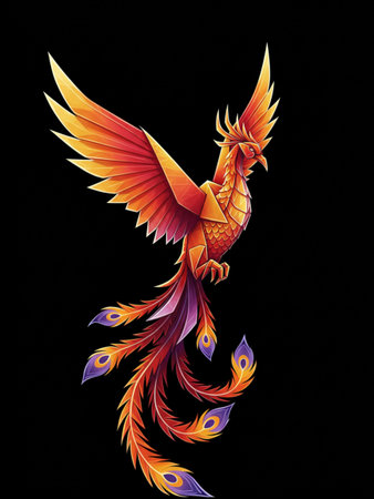 A stunning digital illustration of a phoenix bird, showcasing intricate details and a fiery color palette against a dark background.の写真素材