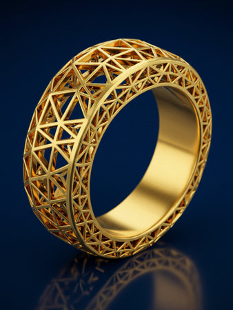 A stunning close-up of a golden ring with a complex geometric pattern. The rings design showcases modern jewelry craftsmanship.の写真素材