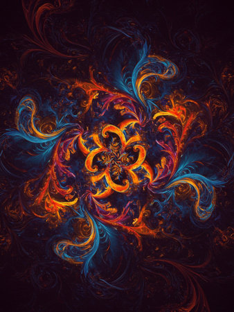 An abstract fractal design with swirling patterns and a rich palette of orange, blue, and red hues, creating a mesmerizing visual experience.の写真素材
