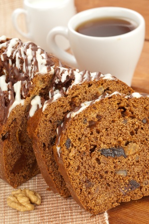 Dark fruitcake and coffeeの写真素材