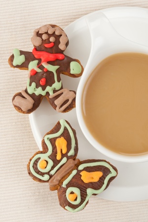 Coffee and gingerbread cakes. Top viewの写真素材