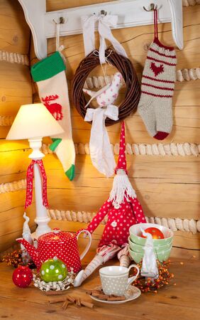 christmas table set with fabric Santa Clausの写真素材