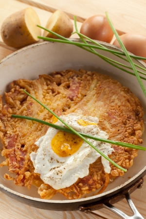 Potato pancakes with sausageの写真素材