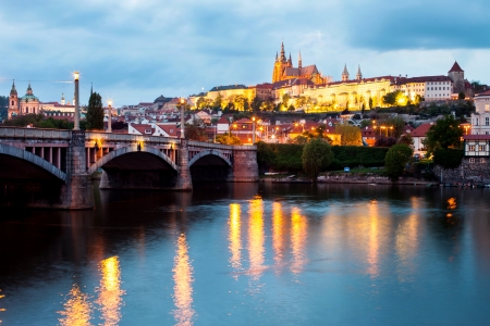 Prague, Czech Republic  Night panorama of Hardcany with Vltava river の写真素材