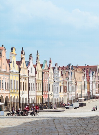 Telc, Czech Republic - May 10, 2013: Unesco city. A row of the houses on main square.のeditorial素材