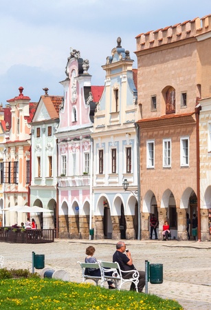 Telc, Czech Republic - May 10, 2013  A row of old Renesaince houses  One of the most beautiful markets in Europe  UNESCO World Heritage Site のeditorial素材