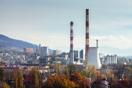 Power plant CHP in Bielsko-Biala in Poland  Autumn view from Sulkowski castle の写真素材