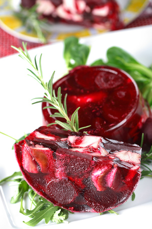 Braised rabbit in white wine with beetroot jellyの写真素材
