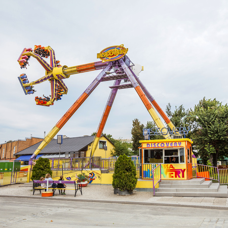 Vienna, Austria - September 02, 2013; People are playing on one of the attractions of Prater, Discovery swing のeditorial素材
