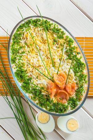 Traditional and regional fish and egg salad called "szuba"の写真素材