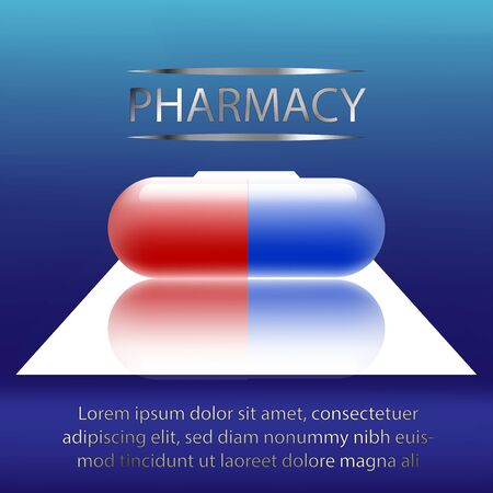 Vector illustration graphic brochure design phrmacy banner, drug capsule on blue backdropのイラスト素材