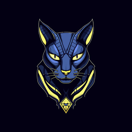 Futuristic cat head mascot logo design on a dark background.のイラスト素材