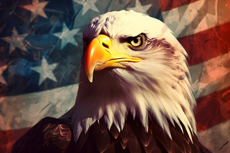 American eagle portrait on the background of the flag of the United Statesの素材