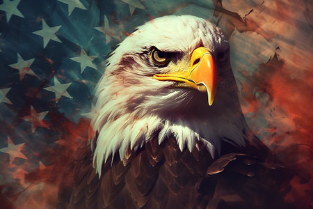 American eagle with american flag in background. 3D illustration.の素材