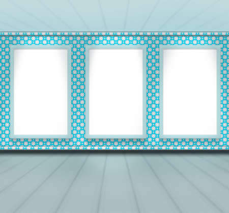 blue clean pattern design room empty perspective with 3 frameの写真素材