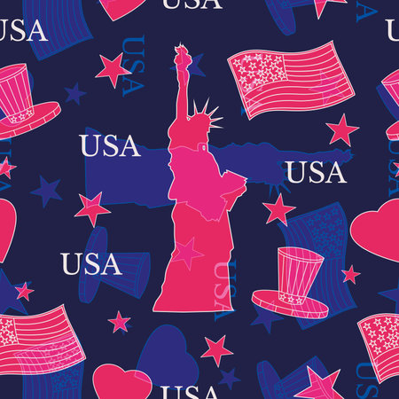 The Statue of Liberty, the American flag, and many stars in the background. Seamless pattern vector background. USA Independence Day decoration.のイラスト素材