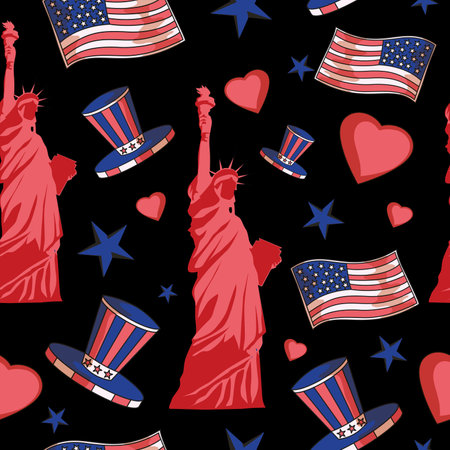The Statue of Liberty, the American flag, and many stars in the background. Seamless pattern vector background. USA Independence Day decoration.のイラスト素材