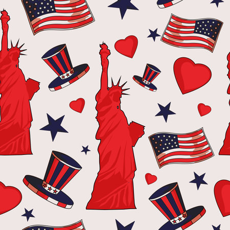 The Statue of Liberty, the American flag, and many stars in the background. Seamless pattern vector background. USA Independence Day decoration.のイラスト素材