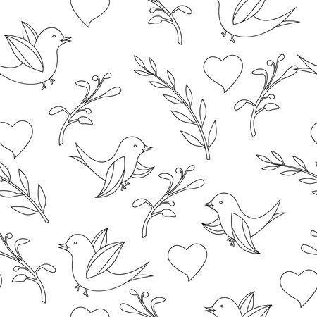 Vector seamless pattern: bird, leaves, and flower, isolated on the background. Hand-drawn vector illustrationのイラスト素材