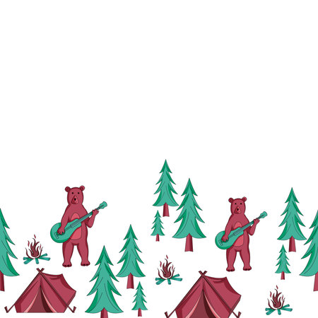 Seamless vector pattern with camping elements, bears with guitar , and pine trees.のイラスト素材