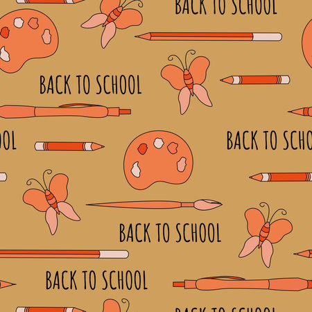 Seamless Colored Back To School Pattern With Pencil, Pens, Butterfly, Eraser, Supplies, Stationary And Creative Elements.のイラスト素材