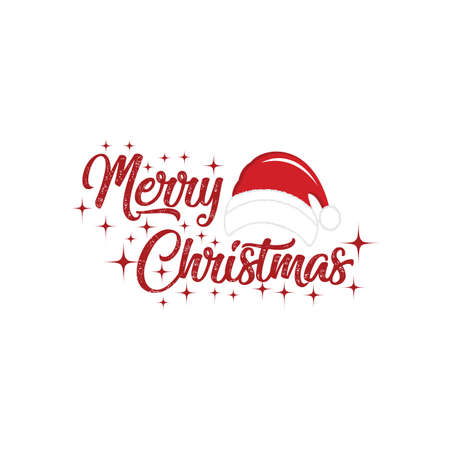 Merry christmas title typography vector concept in red with christmas hat and santa white beard in a white snow background. Vector illustrationのイラスト素材
