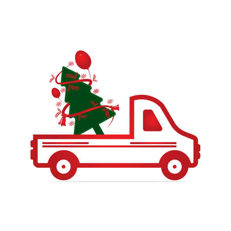 Old vintage red Christmas truck with pine tree. Vector illustration of an old vintage truck carrying a Christmas tree.のイラスト素材