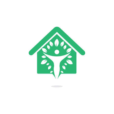 Human character with leaves and house logo design. Natural home care logo. Spa logo. Beauty salon or yoga logo.のイラスト素材