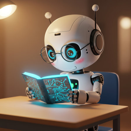 Cute robot reading a book at home. 3d rendering.の素材