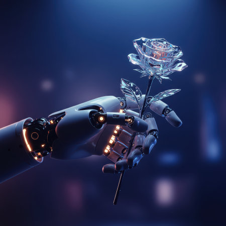 3d rendering robot hand holding rose flower on dark blue blurred backgroundの素材