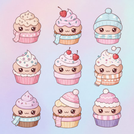 Set of cute cartoon cupcakes in pastel colors. Vector illustration.の素材