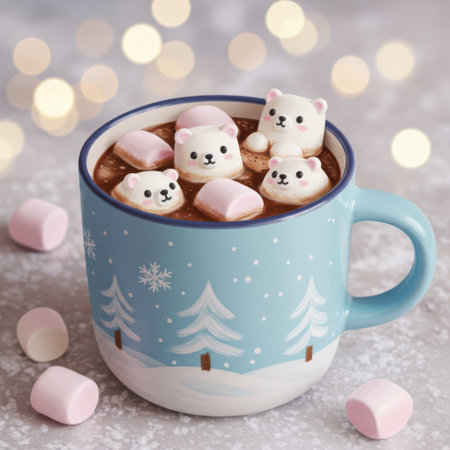 Cup of hot chocolate with marshmallows and bear on bokeh backgroundの素材