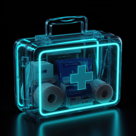3d render of first aid kit on black background with blue lightの素材