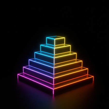 3d rendering of neon stairs in the shape of a pyramid on a black backgroundの素材
