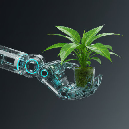 3d rendering robotic hand holding plant in glass pot on dark backgroundの素材