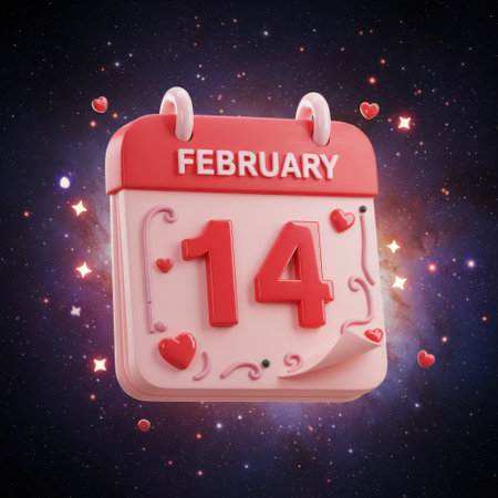 February 14. Calendar with heart in outer space. 3D renderingの素材