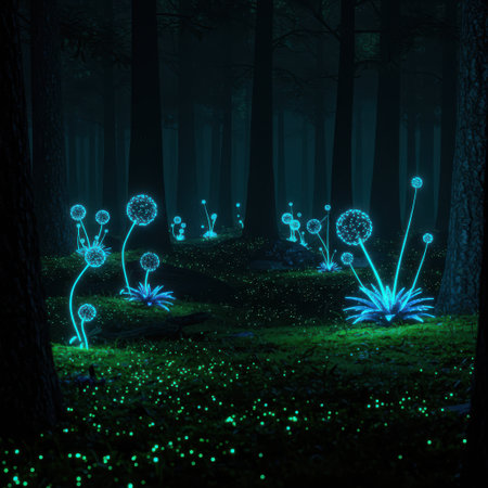 Dandelions in the dark forest at night. Vector Illustrationの素材