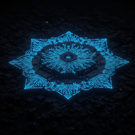 3D rendering of a religious symbol on a black background with blue lightsの素材