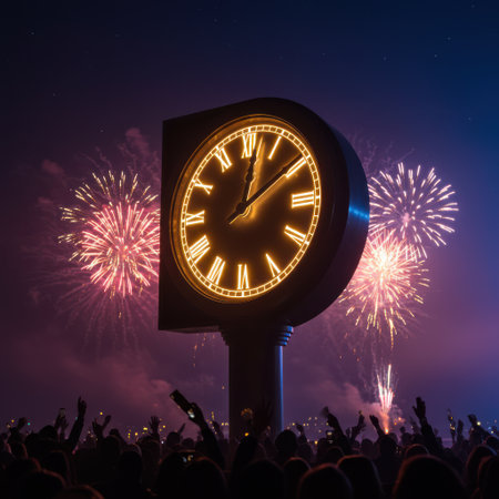 Fireworks and crowd in front of a big clock at a concertの素材