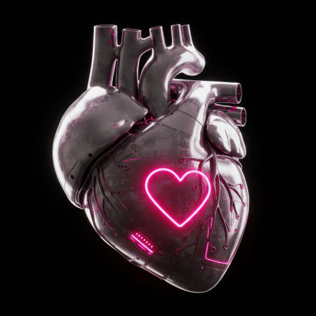 Human heart with neon sign isolated on black background. 3d illustrationの素材
