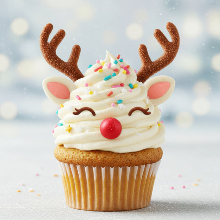 Christmas cupcake with funny reindeer face on bokeh backgroundの素材
