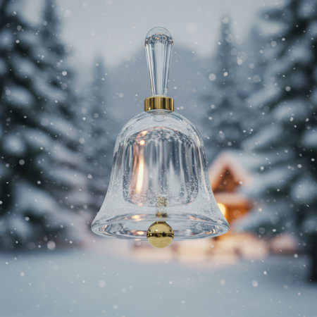 Christmas bell in the snowy forest. Christmas and New Year background.の素材