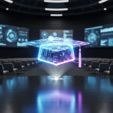 Digital hologram of graduation cap over empty conference hall. 3D renderingの素材