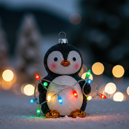 Christmas and New Year greeting card. Cute little penguin with Christmas lights on bokeh backgroundの素材