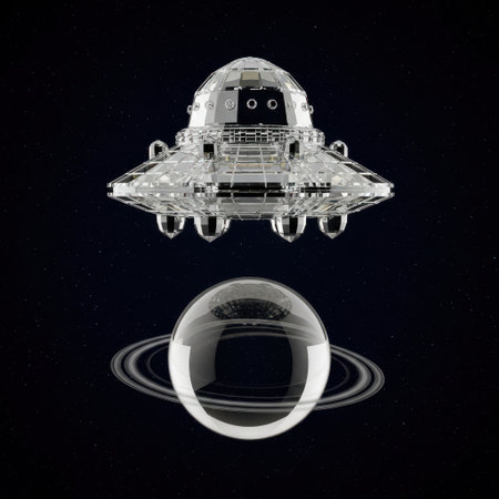 UFO in space. 3D rendered Illustration. Isolated on black.の素材